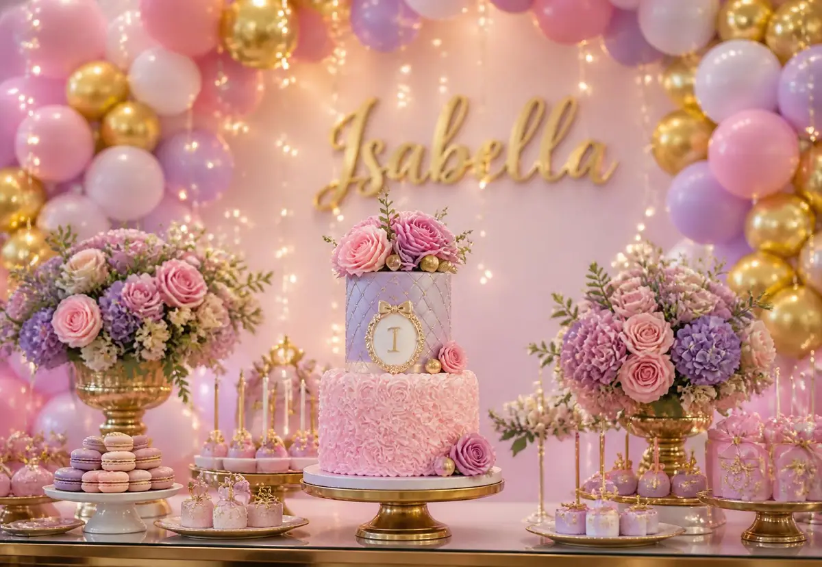 Mesa de festa decorada com bolo, doces, balões rosa, lilás e dourado